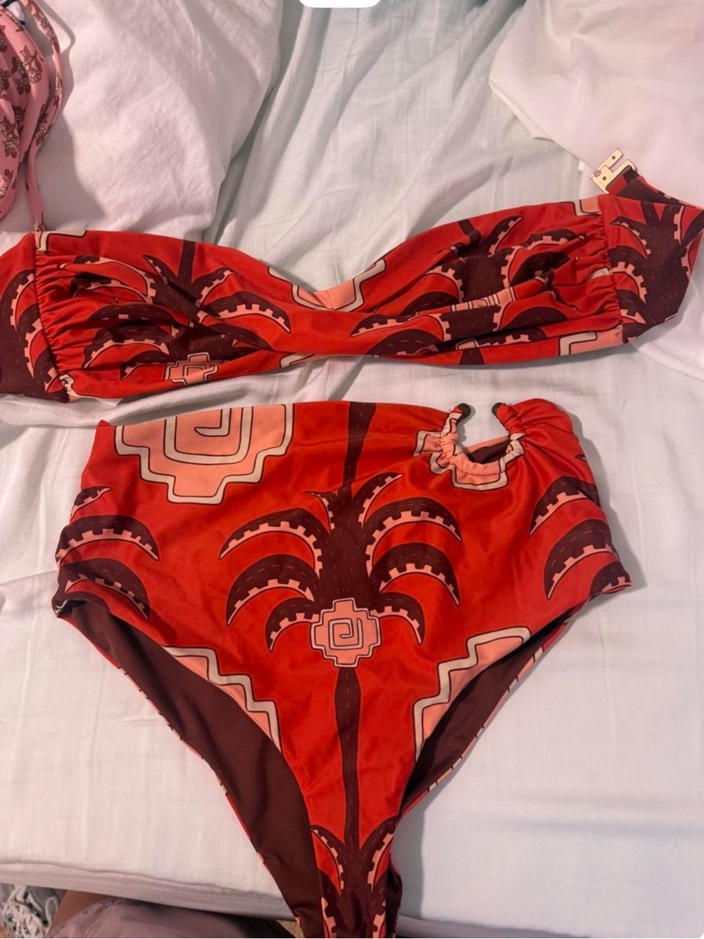Johanna Ortiz Red High-Waist Bikini Set with Palm Print - Unknown Brand